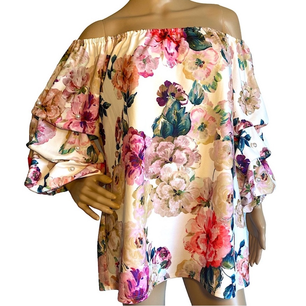 S.LEVINE - Floral Off the Shoulder Pearl Studded Draped 3/4 Sleeves XL